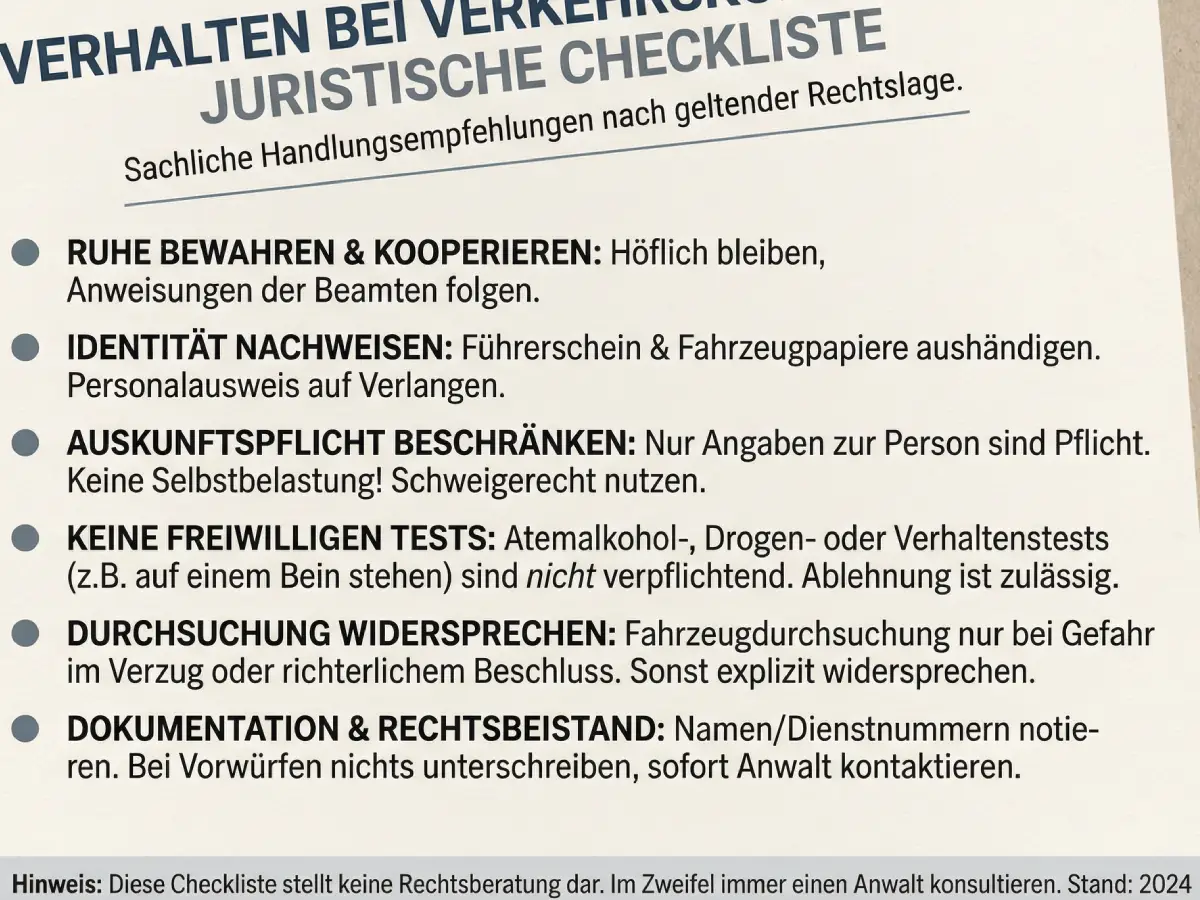 Checkliste zum Verhalten bei positivem oder angebotenen Speicheltest in der Verkehrskontrolle