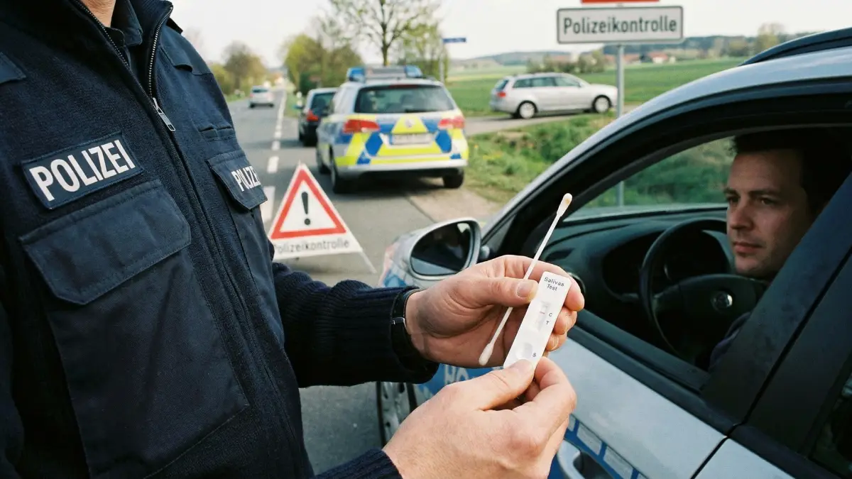 Speicheltest-Stäbchen bei einer deutschen Verkehrskontrolle als freiwilliger Vortest